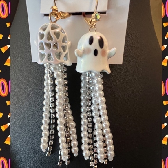 Betsey Johnson Ghost Pearl & Diamond Earrings Glow in the Dark Halloween Jewelry - Picture 3 of 6